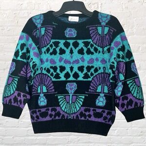 VTG 80's Lauren Knitwear Sweater Size M Black Teal Purple Colorful Made in USA